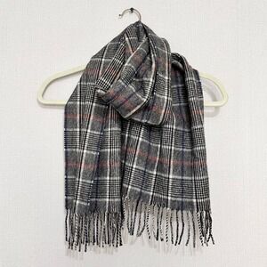 Neiman Marcus 100% Cashmere Scarf Grey Plaid Check Fringe Winter Wrap